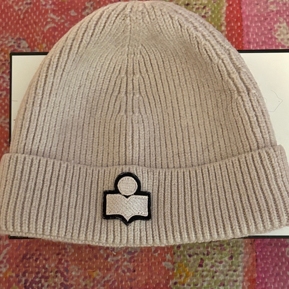 Isabel Marant Beige Ribbed Knit Beanie with Logo Patch